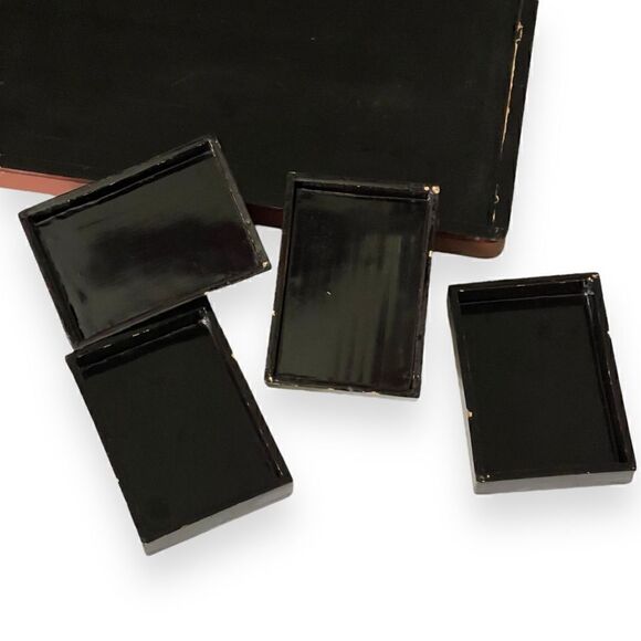 Vintage French Lacquered Wood Game Box Cellulose Jetons Lidded Compartments - Picture 11 of 16